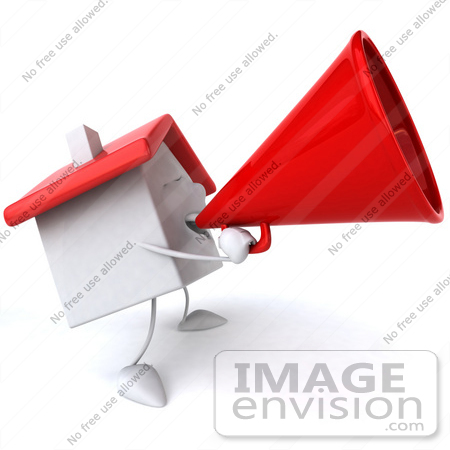 #46870 Royalty-Free (RF) Illustration Of A 3d White Clay House Mascot Using A Megaphone - Version 2 by Julos