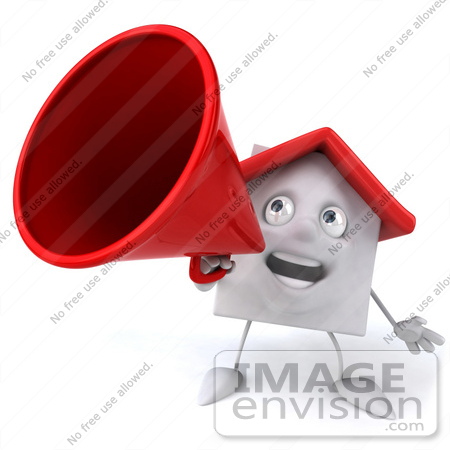 #46881 Royalty-Free (RF) Illustration Of A 3d White Clay House Mascot Using A Megaphone - Version 1 by Julos