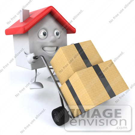 #46883 Royalty-Free (RF) Illustration Of A 3d White Clay House Mascot Moving Boxes On A Dolly - Version 1 by Julos