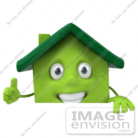 #46889 Royalty-Free (RF) Illustration Of A 3d Green Clay House Mascot Giving The Thumbs Up And Standing Behind A Blank Sign by Julos