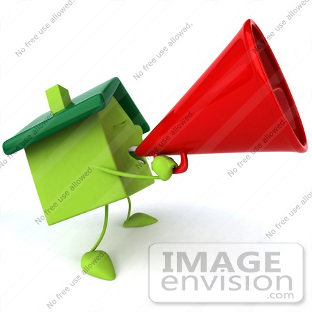 #46899 Royalty-Free (RF) Illustration Of A 3d Green Clay House Mascot Using A Megaphone - Version 2 by Julos