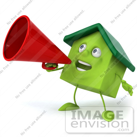 #46903 Royalty-Free (RF) Illustration Of A 3d Green Clay House Mascot Using A Megaphone - Version 3 by Julos