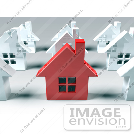 #46915 Royalty-Free (RF) Illustration Of A 3d Red Metal Home Standing Out In A Neighborhood Of White Houses - Version 1 by Julos