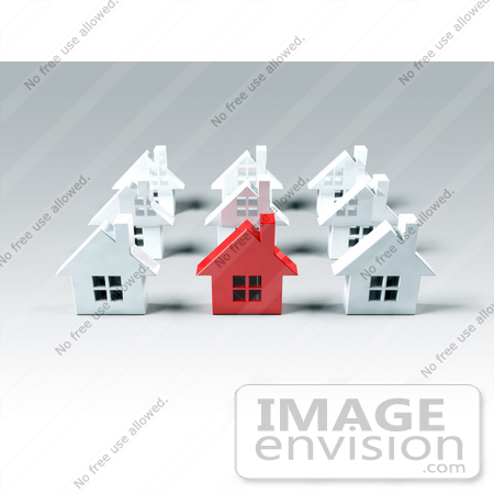 #46916 Royalty-Free (RF) Illustration Of A 3d Red Metal Home Standing Out In A Neighborhood Of White Houses - Version 3 by Julos