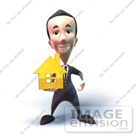#46929 Royalty-Free (RF) Illustration Of A 3d White Businessman Mascot Holding Out A Golden Home - Version 6 by Julos