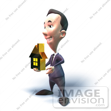 #46930 Royalty-Free (RF) Illustration Of A 3d White Businessman Mascot Holding Out A Golden Home - Version 5 by Julos