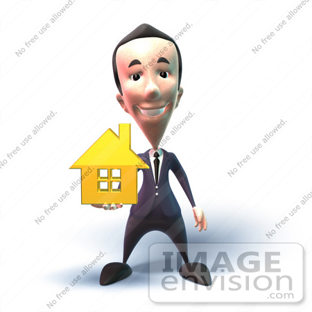 #46931 Royalty-Free (RF) Illustration Of A 3d White Businessman Mascot Holding Out A Golden Home - Version 4 by Julos