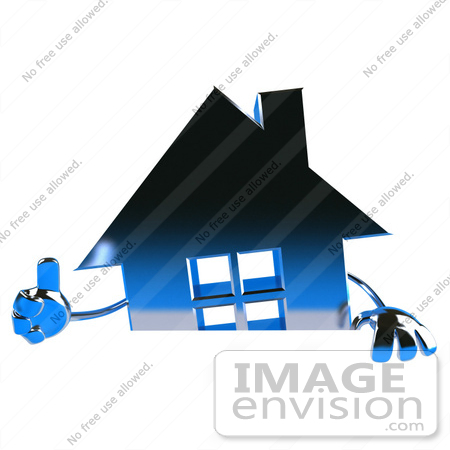 #46938 Royalty-Free (RF) Illustration Of A 3d Blue Chrome House Mascot Giving The Thumbs Up And Standing Behind A Blank Sign by Julos