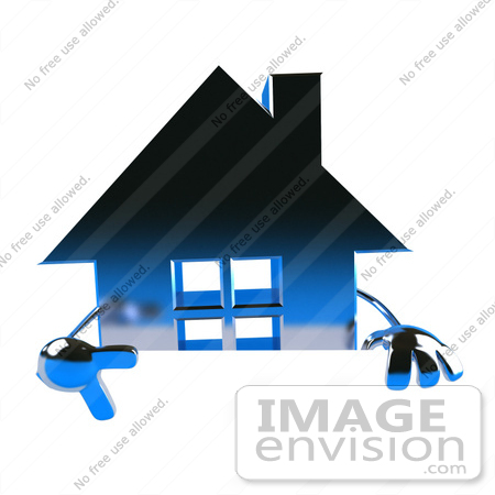 #46939 Royalty-Free (RF) Illustration Of A 3d Blue Chrome House Mascot Pointing Down And Standing Behind A Blank Sign by Julos