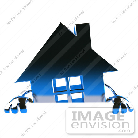 #46940 Royalty-Free (RF) Illustration Of A 3d Blue Chrome House Mascot Standing Behind A Blank Sign by Julos