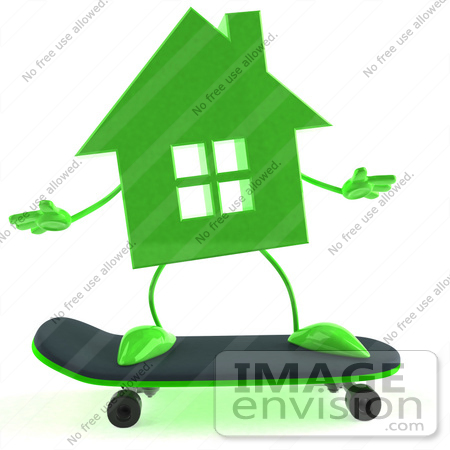 #46952 Royalty-Free (RF) Illustration Of A 3d Green House Mascot Skateboarding - Version 1 by Julos