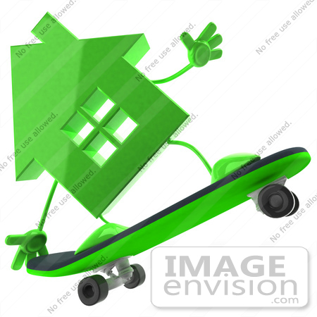 #46953 Royalty-Free (RF) Illustration Of A 3d Green House Mascot Skateboarding - Version 3 by Julos