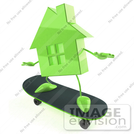 #46954 Royalty-Free (RF) Illustration Of A 3d Green House Mascot Skateboarding - Version 2 by Julos