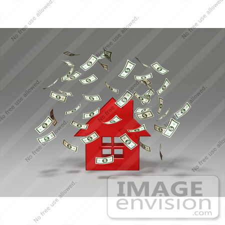 #46955 Royalty-Free (RF) Illustration Of Money Falling Down Around A 3d Red House - Version 2 by Julos