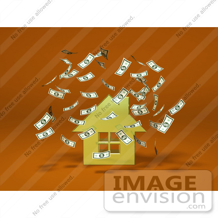#46956 Royalty-Free (RF) Illustration Of Money Falling Down Around A 3d Yellow House - Version 2 by Julos