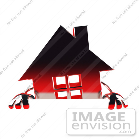 #46964 Royalty-Free (RF) Illustration Of A 3d Red Chrome House Mascot Standing Behind A Blank Sign by Julos