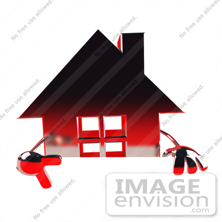 #46965 Royalty-Free (RF) Illustration Of A 3d Red Chrome House Mascot Pointing Down And Standing Behind A Blank Sign by Julos