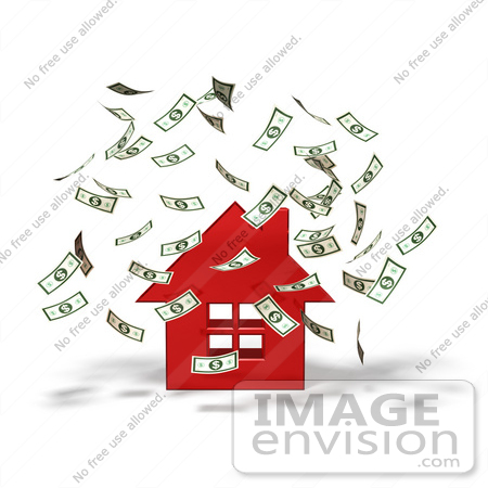 #46968 Royalty-Free (RF) Illustration Of Money Falling Down Around A 3d Red House - Version 1 by Julos