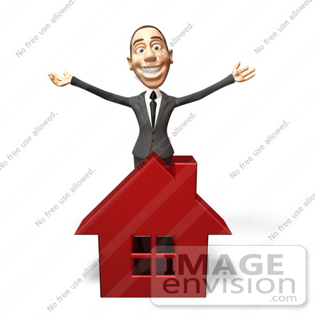 #46969 Royalty-Free (RF) Illustration Of A 3d White Corporate Businessman Mascot Standing Behind A House by Julos
