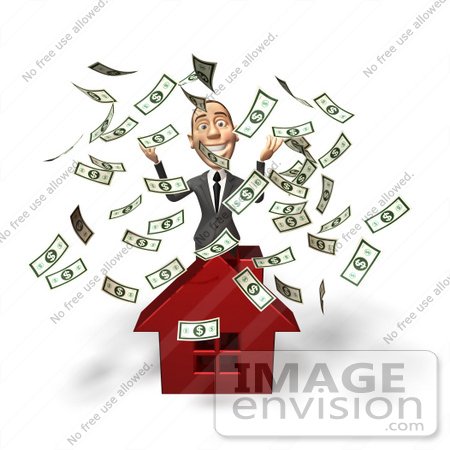 #46970 Royalty-Free (RF) Illustration Of A 3d White Corporate Businessman Mascot Throwing Money And Standing Behind A House by Julos