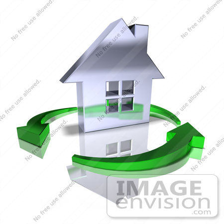 #46979 Royalty-Free (RF) Illustration Of A 3d Chrome House Being Circled By Green Arrows - Version 9 by Julos