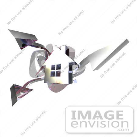 #46983 Royalty-Free (RF) Illustration Of A 3d Chrome House With Three Shooting Arrows - Version 1 by Julos