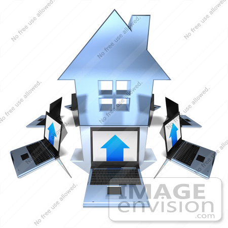 #46992 Royalty-Free (RF) Illustration Of 3d Laptops Circling A Blue House by Julos