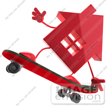 #46994 Royalty-Free (RF) Illustration Of A  3d Red House Mascot Skateboarding by Julos