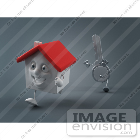 #46995 Royalty-Free (RF) Illustration Of A 3d Key Mascot Chasing A House - Version 1 by Julos