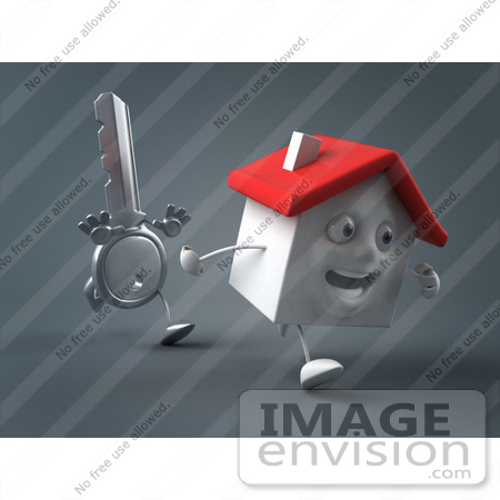 #46996 Royalty-Free (RF) Illustration Of A 3d Key Mascot Chasing A House - Version 2 by Julos