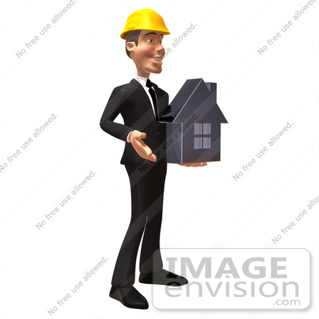 #47005 Royalty-Free (RF) Illustration Of A 3d Contractor Mascot Holding A Chrome House - Vesrion 2 by Julos