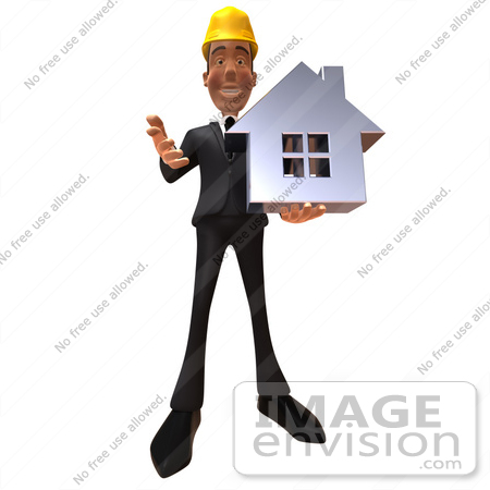 #47006 Royalty-Free (RF) Illustration Of A 3d Contractor Mascot Holding A Chrome House - Vesrion 3 by Julos
