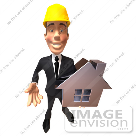 #47007 Royalty-Free (RF) Illustration Of A 3d Contractor Mascot Holding A Chrome House - Vesrion 4 by Julos