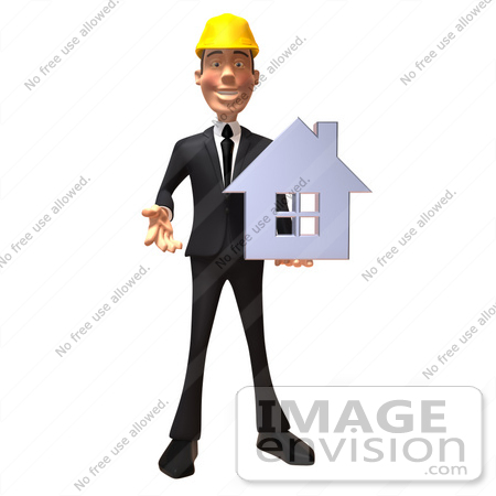 #47008 Royalty-Free (RF) Illustration Of A 3d Contractor Mascot Holding A Chrome House - Vesrion 5 by Julos