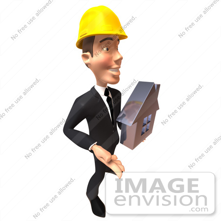 #47009 Royalty-Free (RF) Illustration Of A 3d Contractor Mascot Holding A Chrome House - Vesrion 1 by Julos