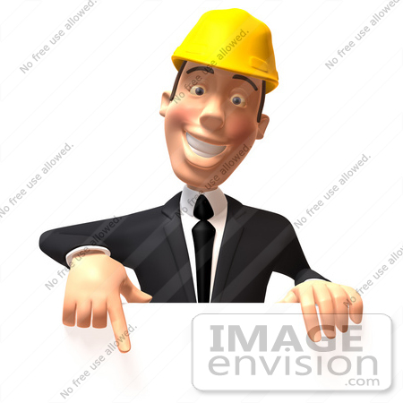 #47014 Royalty-Free (RF) Illustration Of A 3d Contractor Mascot Pointing Down And Standing Behind A Blank Sign by Julos
