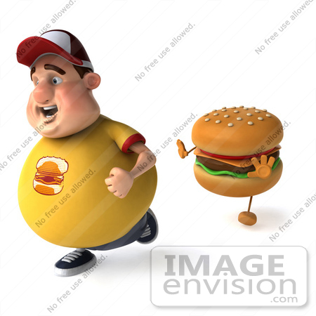 #47022 Royalty-Free (RF) Illustration Of A 3d Fat Burger Boy Mascot Running From A Cheeseburger - Version 2 by Julos