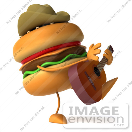 #47029 Royalty-Free (RF) Illustration Of A 3d Cheeseburger Cowboy Mascot Playing A Guitar by Julos