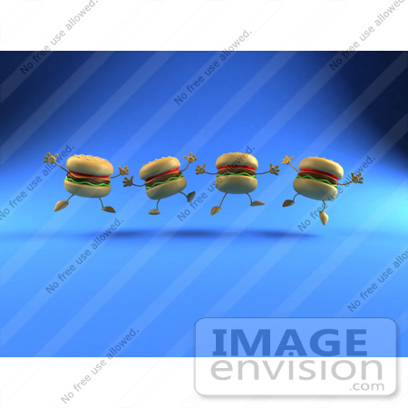 #47035 Royalty-Free (RF) Illustration Of A Row Of Jumping 3d Cheeseburger Mascots - Version 2 by Julos