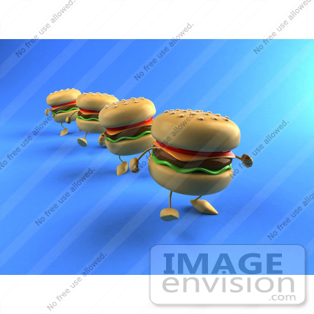 #47037 Royalty-Free (RF) Illustration of 3d Cheeseburger Mascots In A Line, Walking Forward - Version 2 by Julos