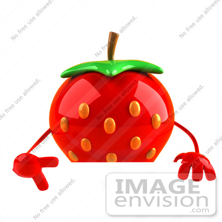 #47054 Royalty-Free (RF) Illustration Of A 3d Strawberry Mascot Pointing Down And Standing Behind A Blank Sign by Julos