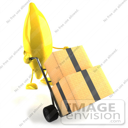 #47061 Royalty-Free (RF) Illustration Of A 3d Banana Mascot Pushing Boxes On A Hand Truck by Julos