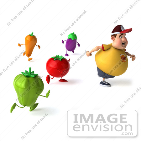 #47108 Royalty-Free (RF) Illustration Of A 3d Fat Burger Boy Mascot Running Away From Vegetables by Julos