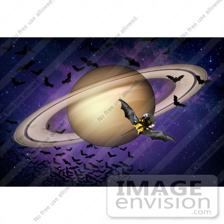 #47453 Royalty-Free Stock Illustration Of A Bat Winged Spacecraft Circling Around Saturn And A Swarm Of Bats In Space by JVPD