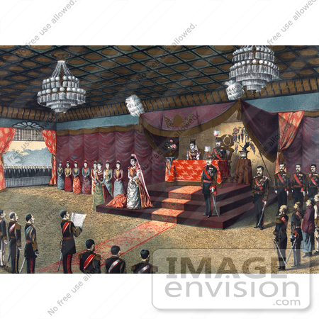 #47457 Royalty-Free Stock Illustration Of The Wedding Receiption Of Crown Prince Yoshihito And Princess Kujo Sadako With Meiji, Emperor Of Japan, And Imperial Family Members In Attendance by JVPD