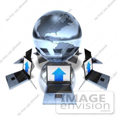 #47723 Royalty-Free (RF) Illustration Of 3d Laptops Around A Blue Chrome Globe by Julos