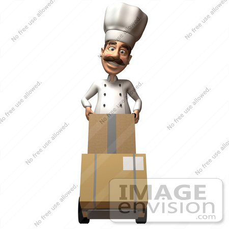 #47807 Royalty-Free (RF) Illustration Of A 3d Gourmet Chef Mascot Moving Boxes On A Dolly - Version 1 by Julos
