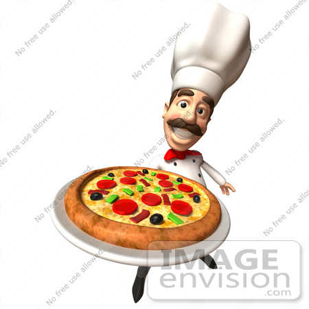 #47840 Royalty-Free (RF) Illustration Of A 3d Gourmet Chef Mascot Serving A Pizza Pie - Version 4 by Julos
