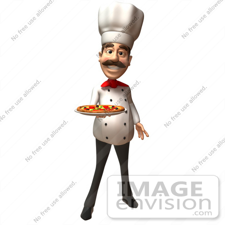 #47841 Royalty-Free (RF) Illustration Of A 3d Gourmet Chef Mascot Serving A Pizza Pie - Version 1 by Julos