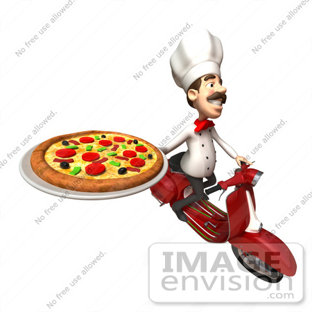 #47843 Royalty-Free (RF) Illustration Of A 3d Gourmet Chef Mascot Delivering Pizza On A Scooter - Version 5 by Julos
